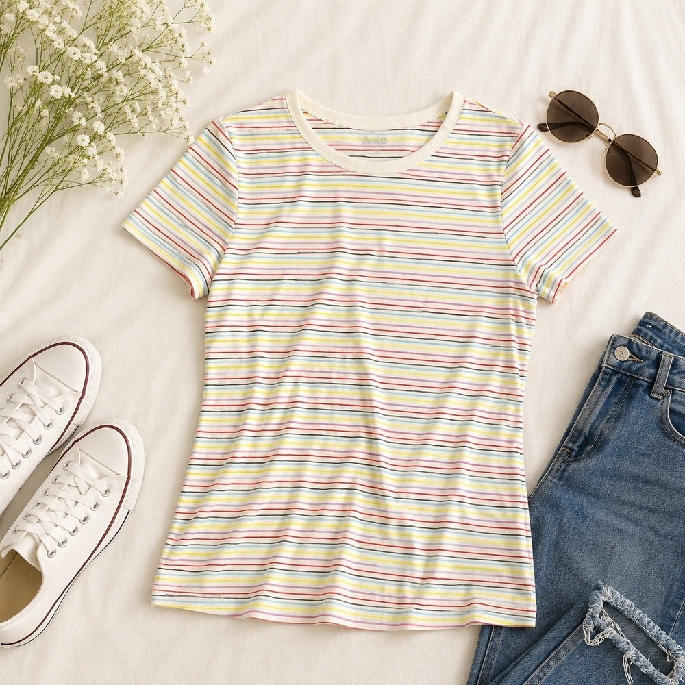 Duluth Womens Multi Color Striped Short Sleeve Crew Neck T-Shirt Size M